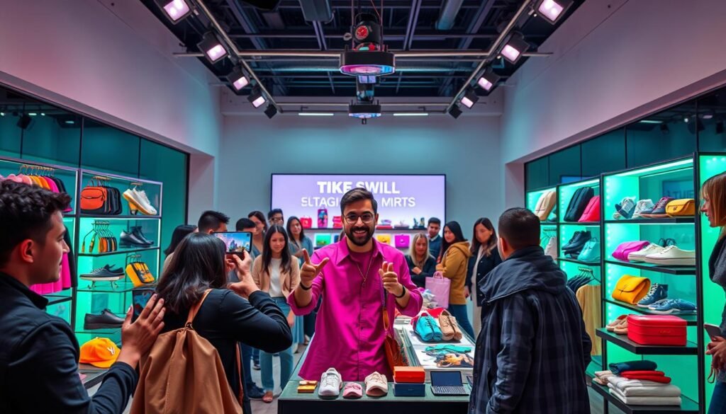 A bustling live shopping scene on TikTok in 2025, capturing the essence of social commerce for small businesses. In the foreground, a charismatic host engages a lively audience, showcasing a variety of trendy products with dynamic camera angles and vibrant lighting. The middle ground features an array of high-quality, visually appealing merchandise, expertly curated to cater to the diverse interests of the TikTok users. In the background, a minimalist yet stylish studio setting with sleek, modern decor creates an immersive and engaging atmosphere. The overall mood is one of excitement, innovation, and the seamless integration of e-commerce and social media, reflecting the future of live shopping on TikTok.