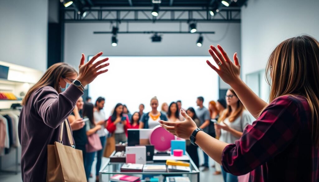 A bustling live shopping scene set in a modern, well-lit studio. In the foreground, a charismatic presenter showcases a range of trendy products, their hands gesturing animatedly as they engage with an energetic online audience. The middle ground features a dynamic display of the merchandise, with eye-catching packaging and vibrant colors. In the background, a clean, minimalist backdrop creates a sense of focus, highlighting the social commerce experience. Soft, diffused lighting illuminates the scene, creating a warm, inviting atmosphere that draws the viewer in. The composition emphasizes the interactivity and immersive nature of the live shopping experience.