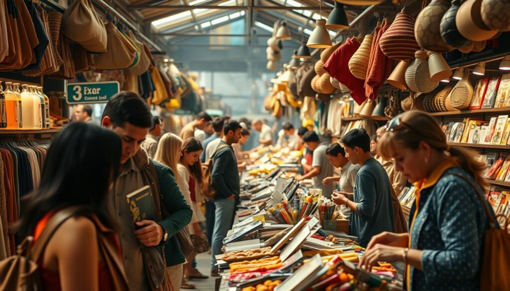 A bustling marketplace scene with a dynamic flow of consumer behavior. In the foreground, shoppers carefully examine merchandise, considering their purchases with a thoughtful gaze. In the middle ground, a diverse array of products and services are displayed, each item meticulously crafted to cater to the varied tastes and needs of the consumers. The background is filled with a sense of energy and liveliness, with shopkeepers eagerly engaging with their customers, creating an atmosphere of vibrant exchange. Warm, natural lighting filters through the scene, casting a soft, inviting glow that enhances the sense of exploration and discovery. The overall composition conveys the complexity and nuance of consumer behavior, as individuals navigate the dynamic interplay between their desires, needs, and the offerings of the market.