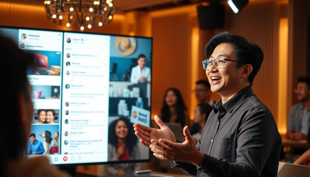 A dynamic live streaming scene with a captivating UMKM presenter engaging their audience. The foreground features the presenter in a warm, well-lit setting, gesturing enthusiastically while maintaining a confident, authentic presence. The middle ground showcases an interactive live chat interface, with viewers' comments and reactions in real-time. In the background, an elegant social media feed displays the brand's latest products and promotions, creating a sense of immersive, shoppable content. The overall atmosphere evokes a sense of energy, interactivity, and trust, perfectly capturing the essence of "Meningkatkan Daya Tarik Konten, Interaksi, dan Kepercayaan di Live Streaming".