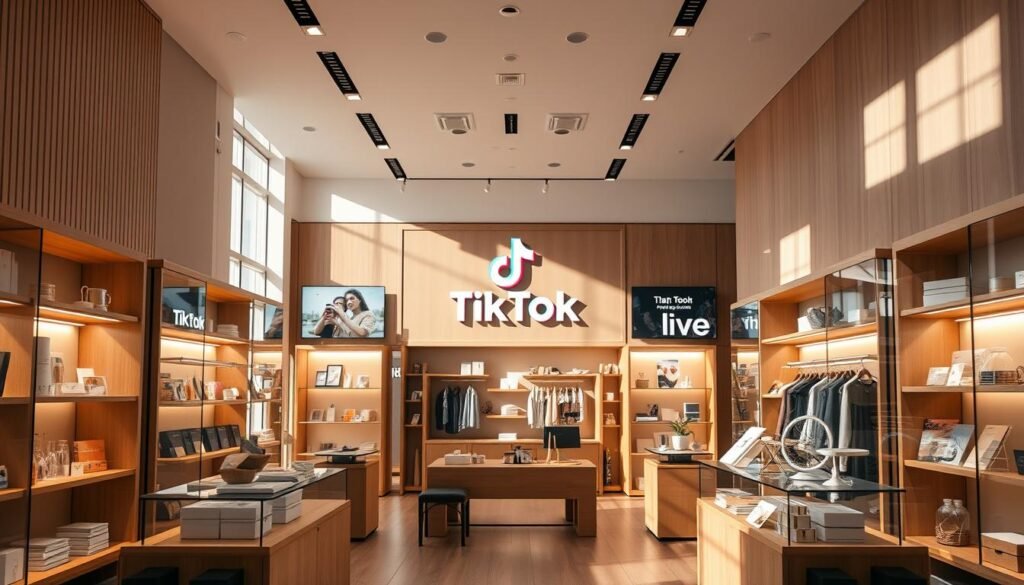 A modern and stylish TikTok shop interior, bathed in warm, natural lighting. The foreground showcases an array of carefully curated products displayed on minimalist wooden shelves and glass cabinets. The middle ground features a large, centrally positioned TikTok logo, surrounded by interactive display screens showcasing live shopping experiences. In the background, a sleek, minimalist design with clean lines, neutral tones, and subtle branding elements creates a welcoming and immersive atmosphere for the TikTok shopping experience.