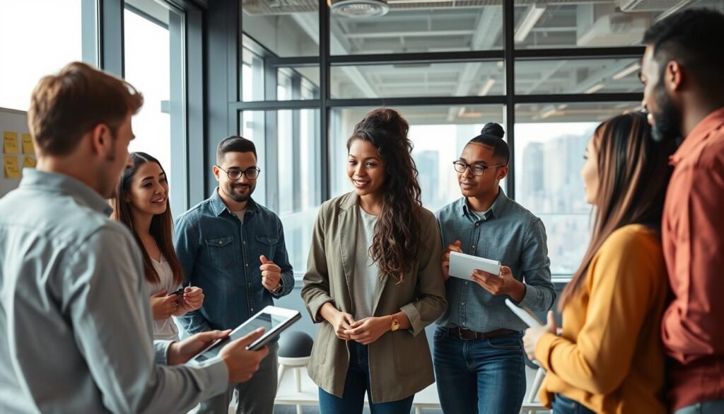 A modern office setting with a team of young, diverse professionals conducting user research. In the foreground, a team member interviews a focus group participant, capturing their feedback and insights on a tablet. In the middle ground, the rest of the team observes and takes notes, surrounded by whiteboards, sticky notes, and data visualizations. The background features large windows overlooking a bustling city skyline, with warm, natural lighting filtering in. The atmosphere is one of collaboration, creativity, and a deep commitment to understanding the target audience.