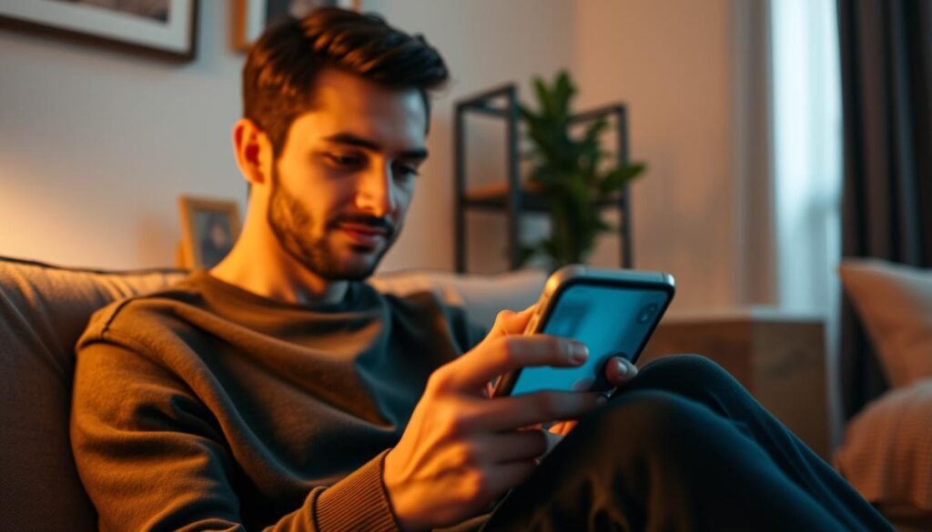 A person sitting in a cozy home setting, using a smartphone to broadcast a TikTok Live session. The lighting is warm and inviting, casting a soft glow on the scene. The camera angle is slightly elevated, capturing the user's face and upper body as they engage with the device, showcasing the process of initiating a live stream. The background features minimalist decor, keeping the focus on the subject and their actions. The overall mood is relaxed and approachable, mirroring the ease of use and accessibility of TikTok Live for small businesses and entrepreneurs.