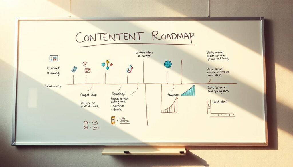 A strategic content roadmap unfolds on a whiteboard, showcasing a cohesive plan for UMKM's social commerce success on TikTok. Vibrant icons and graphs illustrate key milestones, from content ideation to data-driven KPI tracking. The scene is bathed in warm, natural lighting, creating an atmosphere of thoughtful planning and optimism. The composition emphasizes the roadmap's clarity and structure, inviting the viewer to envision the steps to UMKM's digital transformation. The overall aesthetic conveys a sense of professionalism and attainable progress, aligning with the article's focus on practical guidance for small businesses.