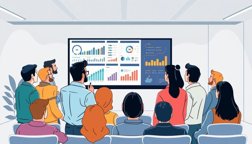 A stylized illustration of a group of diverse individuals engaged in an in-depth market research session. The foreground features a team of analysts and researchers closely examining demographic data, customer insights, and market trends displayed on a large digital screen. The middle ground showcases the attentive audience, comprised of a mix of professionals, entrepreneurs, and stakeholders, actively participating in the discussion. The background sets a modern, minimalist office environment with clean lines, neutral tones, and subtle lighting that enhances the focus on the research activities. The overall atmosphere conveys a sense of collaborative problem-solving, data-driven decision-making, and strategic planning for the future of small and medium-sized enterprises.