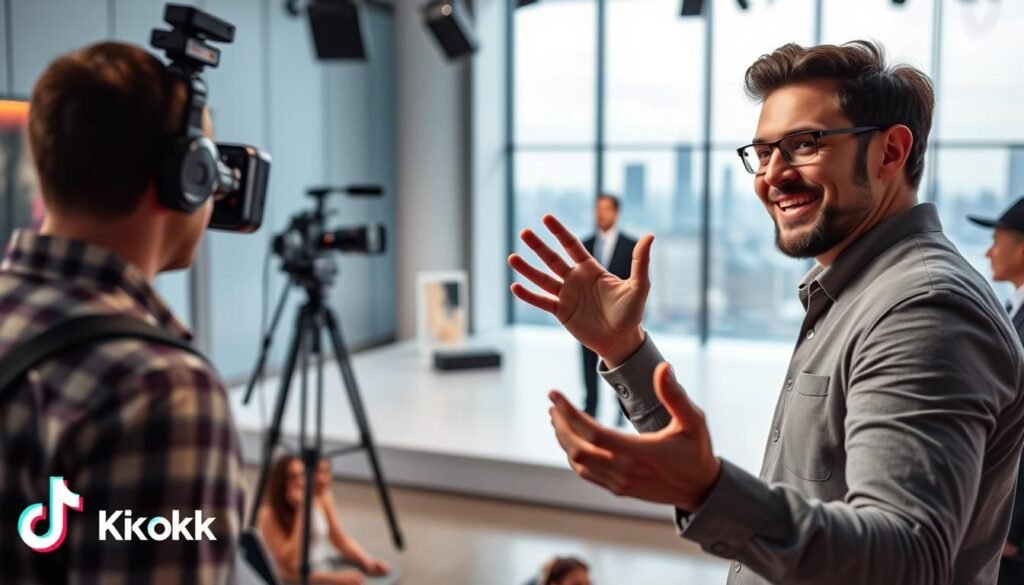 A vibrant TikTok Live scene, captured in dynamic 4K resolution. In the foreground, a charismatic host gestures enthusiastically, engaging an audience of virtual viewers. The middle ground showcases a modern, minimalist studio setup with sleek camera equipment and strategically placed lighting, creating a professional and visually appealing atmosphere. The background features a subtly blurred city skyline, hinting at the global reach and potential of the live stream. The overall mood is energetic, interactive, and conducive to a seamless shopping experience, reflecting the real-time, social commerce nature of the platform.