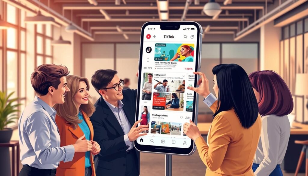 A vibrant and dynamic digital illustration depicting a content strategy for organic TikTok marketing. In the foreground, a diverse group of people in professional business attire, actively engaged around a large smartphone showcasing TikTok analytics and trending content. They are brainstorming ideas and pointing at metrics, exuding enthusiasm and collaboration. In the middle, display vibrant TikTok posts with engaging visuals like a cooking demo, a small business showcase, and lifestyle snippets. The background features a sophisticated environment with a blend of office and creative workspace aesthetics, softly lit to create a warm and inviting atmosphere. Use a wide-angle perspective to capture the essence of teamwork and innovation in social commerce, enhancing the mood of excitement and modernity.