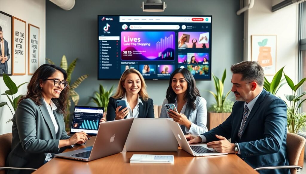 A vibrant and dynamic scene depicting a professional digital marketing strategy session focused on optimizing a TikTok business account. In the foreground, a diverse group of three individuals—two women and one man—are engaged in lively discussion, equipped with laptops and smartphones showcasing TikTok analytics. They are dressed in professional business attire, radiating confidence and creativity. The middle layer features a large screen displaying TikTok's interface, highlighting features like live shopping and engagement metrics. In the background, a modern office space filled with plants and motivational posters sets a positive and innovative atmosphere, illuminated by soft, warm lighting. The angle is slightly elevated, capturing the energy of collaboration and growth, embodying the spirit of small businesses thriving in the social commerce landscape of 2025.