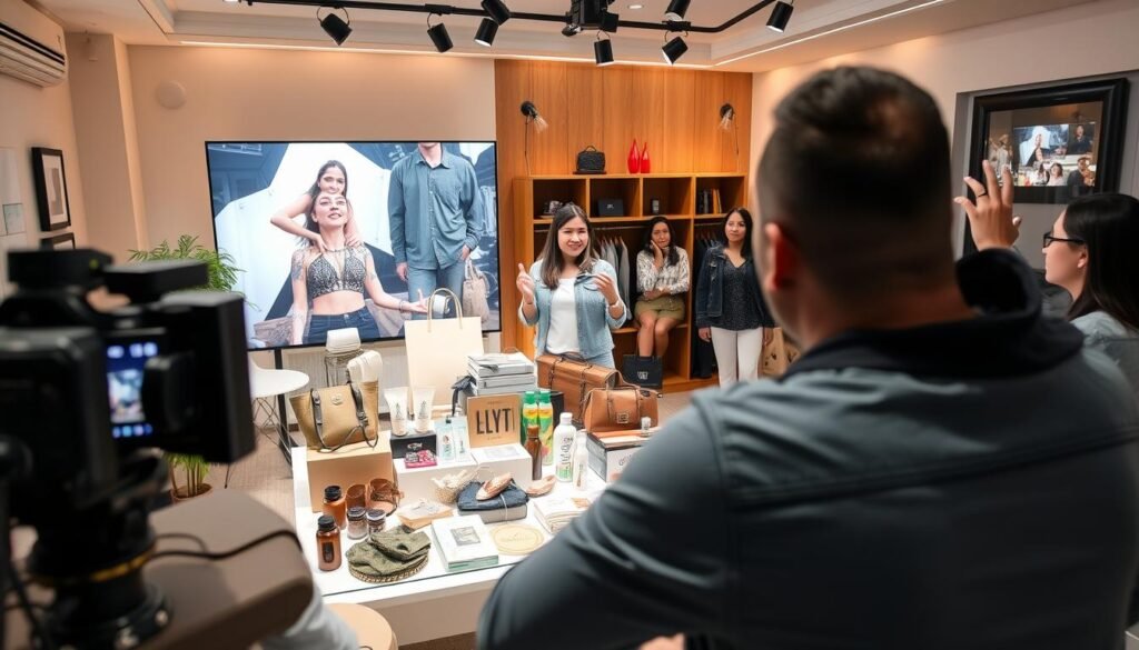 A vibrant and engaging TikTok Live session showcasing strategic live shopping techniques. Set in a cozy, well-lit studio, a charismatic host presents an array of trendy products to a captivated virtual audience. The camera captures the host's expressive gestures and lively demonstrations, drawing viewers into the interactive experience. The middle ground features a visually appealing product display, expertly styled to highlight key features. The background blends seamless transitions between product shots and audience reactions, creating a sense of energy and social connection. Warm lighting and a natural color palette evoke a welcoming, approachable atmosphere, inviting viewers to participate and make purchases.