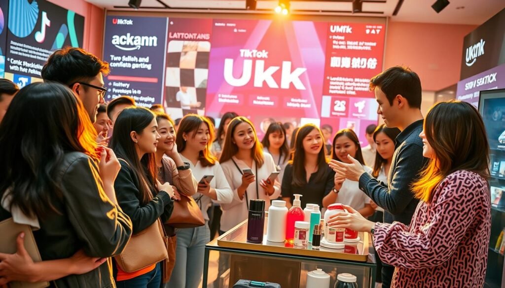 A vibrant and interactive live shopping experience, with a dynamic TikTok-inspired backdrop. In the foreground, a group of enthusiastic customers engage with a charismatic host, showcasing a range of UMKM products. Warm, natural lighting illuminates the scene, drawing the viewer's attention to the engaging interactions and product demonstrations. The middle ground features a seamless blend of digital and physical elements, reflecting the fusion of e-commerce and social media platforms. In the background, a visually striking TikTok-style interface with scrolling content, trending hashtags, and interactive features, creating a captivating and immersive shopping environment.