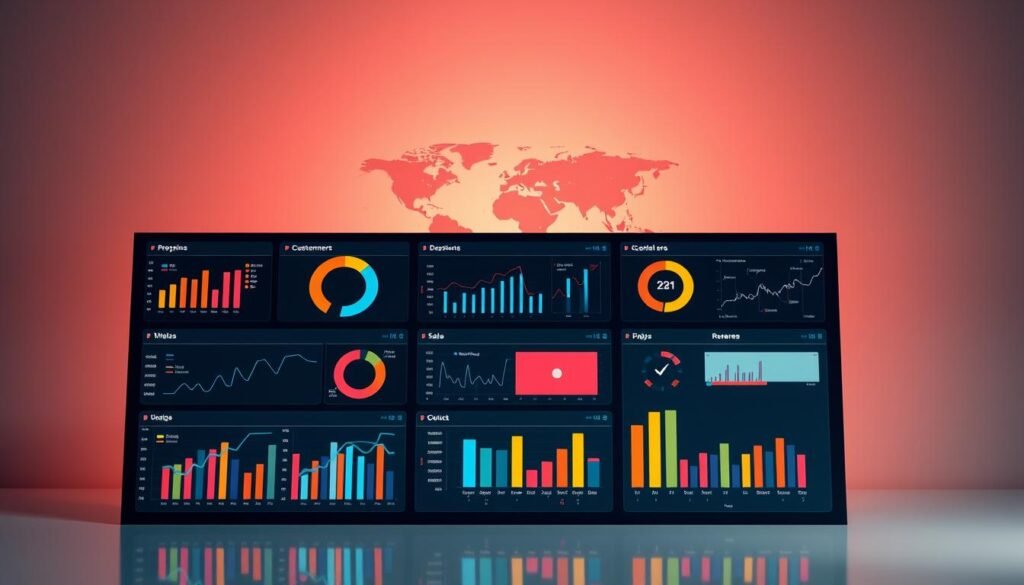 A vibrant data visualization dashboard set against a sleek, minimalist backdrop. In the foreground, various KPI charts and graphs depicting key performance metrics such as sales, revenue, and customer engagement. The dashboard is illuminated by warm, directional lighting, casting subtle shadows and highlighting the crisp, modern interface. In the middle ground, an abstract globe or world map symbolizes the global reach and scale of the metrics being tracked. The background features a muted, gradient color scheme that enhances the clean, professional aesthetic. Overall, the image conveys a sense of precision, clarity, and strategic business intelligence.