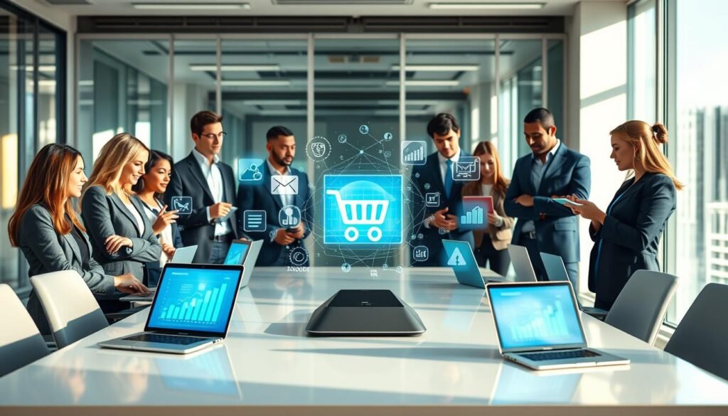 A vibrant digital workspace illustrating the integration of various digital marketing tools for small and medium enterprises (UMKM). In the foreground, a diverse group of professionals dressed in business attire is collaborating around a sleek, modern table filled with laptops and tablets displaying graphs and analytics. In the middle, holographic displays showcase social media icons, e-commerce platforms, and live shopping features, blending seamlessly with visual representations of data flow and connectivity. The background features a bright and airy office environment with large windows, allowing natural light to pour in, casting soft shadows. The atmosphere is dynamic and focused, conveying innovation and teamwork in digital marketing strategies. The image should maintain a professional tone, emphasizing collaboration and technology.