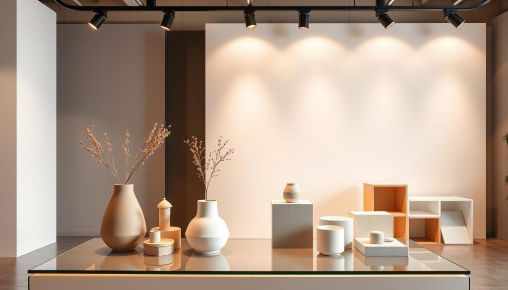 A vibrant, dynamic product display showcasing an array of modern, minimalist household items. The foreground features a sleek, glass-topped table with various lifestyle products artfully arranged - a stylish vase, a geometric ceramic sculpture, and a set of modular storage cubes. The middle ground showcases a chic, monochrome backdrop with clean lines and subtle textures, creating a modern, gallery-like ambiance. Warm, directional lighting from above casts subtle shadows, accentuating the shapes and materials. The overall composition exudes a sense of contemporary sophistication and lifestyle appeal, reflecting the successful use of live shopping and social commerce strategies by a thriving UMKM. A vibrant, dynamic product display showcasing an array of modern, minimalist household items. The foreground features a sleek, glass-topped table with various lifestyle products artfully arranged - a stylish vase, a geometric ceramic sculpture, and a set of modular storage cubes. The middle ground showcases a chic, monochrome backdrop with clean lines and subtle textures, creating a modern, gallery-like ambiance. Warm, directional lighting from above casts subtle shadows, accentuating the shapes and materials. The overall composition exudes a sense of contemporary sophistication and lifestyle appeal, reflecting the successful use of live shopping and social commerce strategies by a thriving UMKM.
