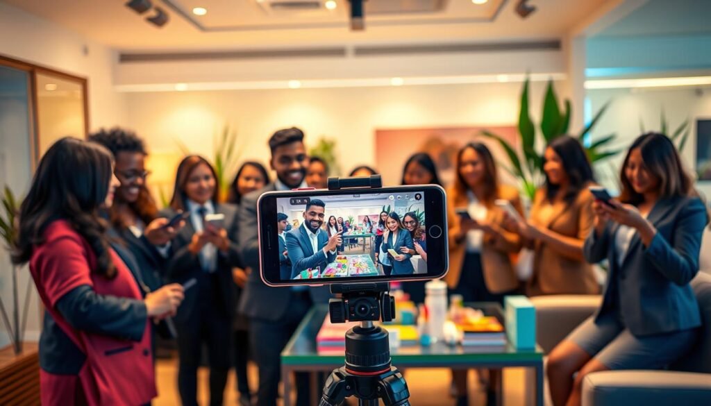 A vibrant live shopping scene on TikTok, featuring a diverse group of individuals in professional business attire, engaging with their audience through a smartphone mounted on a tripod. The foreground captures a charismatic host presenting products, showcasing a delightful array of colorful merchandise on a well-lit tabletop. In the middle ground, enthusiastic viewers comment and react on their devices, their silhouettes slightly blurred to suggest dynamic interaction. The background includes a warm, inviting setting with soft, ambient lighting, accentuated by decorative plants and modern furnishings. The atmosphere is upbeat and energetic, emphasizing connection and commerce in a digital space. The angle is slightly elevated, giving an overview of the lively interaction, while ensuring clarity and focus on the host and products.