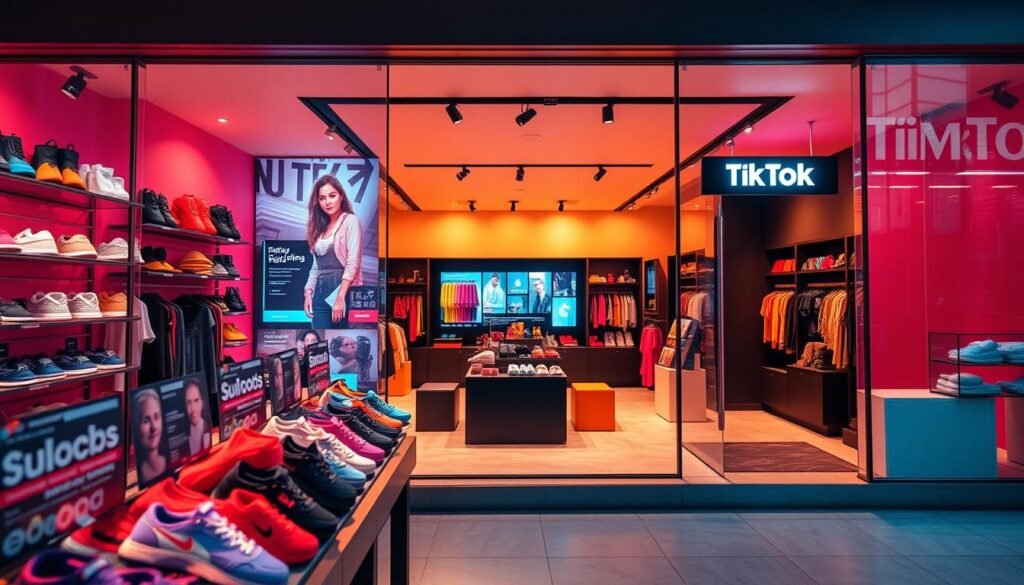 A vibrant, visually captivating storefront showcasing a TikTok-inspired digital shop. In the foreground, a dynamic display of trending products, carefully curated to appeal to the platform's youthful audience. The middle ground features an immersive digital interface, seamlessly blending interactive touchpoints and eye-catching product presentations. In the background, a modern, minimalist design aesthetic with bold, complementary colors and clean lines, creating an inviting and visually engaging atmosphere. Warm, soft lighting illuminates the scene, capturing the energy and vibrancy of a thriving TikTok-powered business. A vibrant, visually captivating storefront showcasing a TikTok-inspired digital shop. In the foreground, a dynamic display of trending products, carefully curated to appeal to the platform's youthful audience. The middle ground features an immersive digital interface, seamlessly blending interactive touchpoints and eye-catching product presentations. In the background, a modern, minimalist design aesthetic with bold, complementary colors and clean lines, creating an inviting and visually engaging atmosphere. Warm, soft lighting illuminates the scene, capturing the energy and vibrancy of a thriving TikTok-powered business.