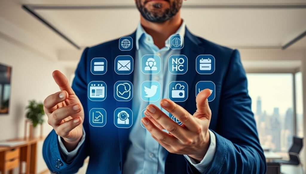 A vibrant, well-lit scene depicting a businessman or entrepreneur thoughtfully considering various online platforms and features for their small or medium-sized business. The foreground shows the person's upper body, hands gesturing towards a holographic display with platform icons. The middle ground features a clean, modern office environment with minimalist decor and large windows letting in natural light. The background showcases a city skyline or cityscape, symbolizing the broader digital landscape. The overall mood is one of contemplation, strategic decision-making, and a forward-thinking, tech-savvy approach to e-commerce in the era of live shopping and social media.