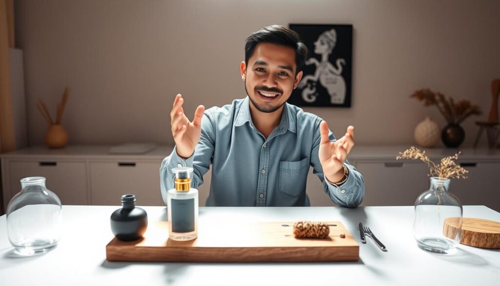 A well-lit, cinematic shot of a small business owner passionately demonstrating a captivating product on a minimalist table setup, surrounded by enticing lifestyle props. The owner's warm, inviting expression and fluid hand gestures draw the viewer in, creating a sense of intimate storytelling. Soft, natural lighting casts a flattering glow, while a clean, uncluttered background allows the product to be the star. The overall scene exudes a sense of exclusivity, professionalism, and the owner's genuine enthusiasm for their offering, perfectly encapsulating the concept of "konten menjual" for a modern social commerce strategy.