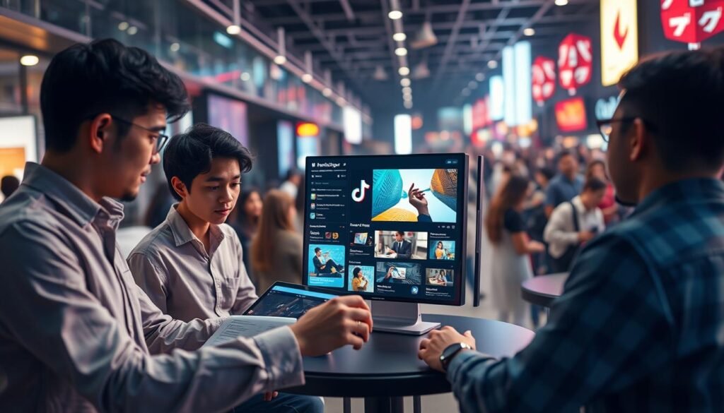 An immersive, visually striking scene of effective TikTok advertising strategies for SMEs. In the foreground, a group of young, dynamic entrepreneurs collaborate on a sleek, high-tech TikTok interface, examining performance metrics and ideating captivating content. The middle ground features eye-catching TikTok video templates, vibrant graphics, and innovative ad formats like Spark Ads. In the background, a vibrant, bustling TikTok community engages with the content, generating organic reach and conversions. Soft, directional lighting accentuates the energy and dynamism of the scene, while a shallow depth of field draws the viewer's focus to the key elements of successful TikTok marketing for SMEs.