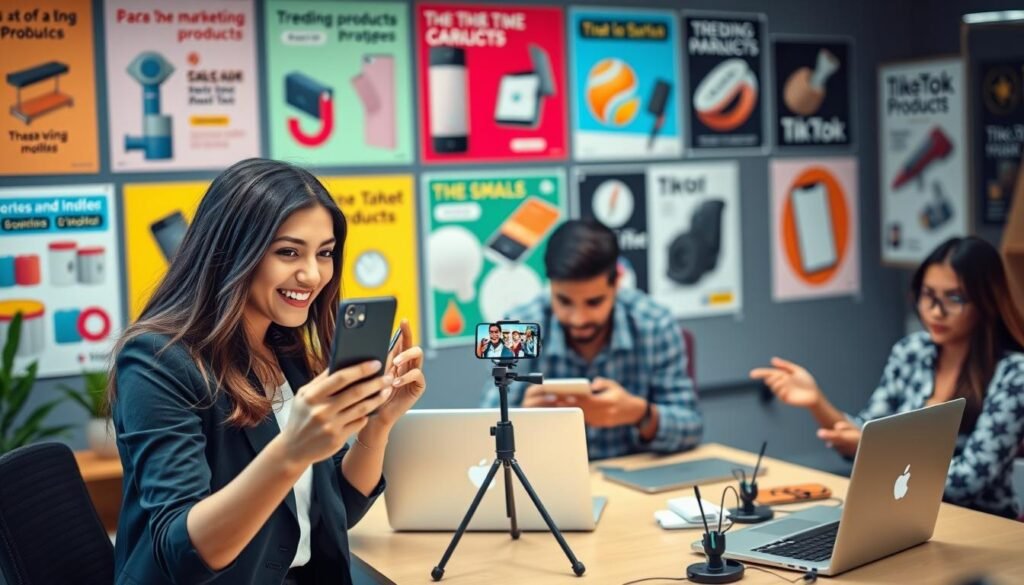 In a vibrant, modern TikTok-themed workspace, a diverse group of four young professionals are actively engaged in using their smartphones and laptops to showcase products. The foreground features a woman in a smart casual outfit, enthusiastically demonstrating a product live on TikTok, with her phone on a tripod. In the middle, a man reviews analytics on a laptop, while another individual browses TikTok for inspiration. The background is filled with colorful posters showcasing trending products and innovative marketing strategies, creating an energetic atmosphere. Soft lighting highlights the diversity and collaboration, with a slight bokeh effect to focus on the professionals, suggesting a sense of connection and community in digital commerce.