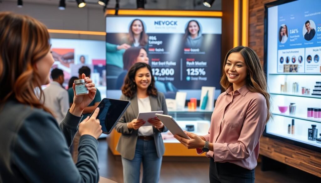 A dynamic live shopping scene set in a modern studio, showcasing a diverse group of three professional presenters engaging with an enthusiastic virtual audience. In the foreground, one presenter highlights a product, holding it up to the camera with an inviting smile, while another presenter interacts with a tablet, tracking viewer comments. The middle section captures a visually appealing arrangement of products displayed on sleek shelves, with soft but bright lighting to emphasize their features. In the background, a large screen visually represents viewer engagement metrics and social media feeds, creating an atmosphere of excitement and interaction. The setting is vibrant, infused with a sense of urgency and connection, emphasizing the innovative techniques in live shopping that boost sales conversions.