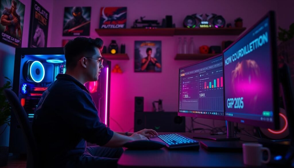 A high-tech gaming setup in a dimly lit room, featuring a sleek gaming PC with vibrant RGB lights illuminating the inside, highlighting powerful graphics hardware. In the foreground, a professional-looking gamer sits at a modern desk, focused on updating GPU drivers on their dual monitor setup. One screen displays download progress, while the other shows a gaming performance interface. The background subtly includes gaming posters and shelves with gaming collectibles, creating an immersive atmosphere. Soft but dynamic lighting casts an inspiring glow, enhancing the scene's tech-savvy feel. Capture the intensity and concentration in the gamer's expression as they prepare for next-gen gaming experiences in 2025. A high-tech gaming setup in a dimly lit room, featuring a sleek gaming PC with vibrant RGB lights illuminating the inside, highlighting powerful graphics hardware. In the foreground, a professional-looking gamer sits at a modern desk, focused on updating GPU drivers on their dual monitor setup. One screen displays download progress, while the other shows a gaming performance interface. The background subtly includes gaming posters and shelves with gaming collectibles, creating an immersive atmosphere. Soft but dynamic lighting casts an inspiring glow, enhancing the scene's tech-savvy feel. Capture the intensity and concentration in the gamer's expression as they prepare for next-gen gaming experiences in 2025.