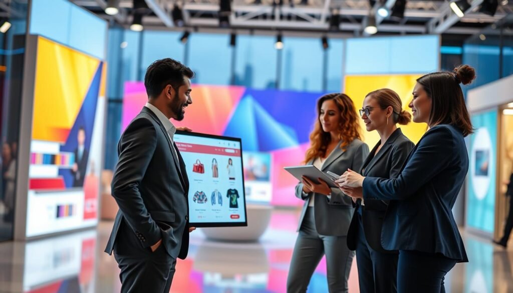 A modern digital shopping scene showcasing the concept of live shopping and social commerce. In the foreground, a diverse group of three professionals in smart business attire actively engaging with a large, bright-screen display featuring popular products for sale. In the middle, a well-lit, polished studio space with colorful backdrop elements resembling a lively online shopping environment. Interactive features like shopping carts and live comments should be subtly suggested. In the background, a blurred city skyline to give a sense of a connected digital marketplace. The lighting is vibrant and inviting, capturing a sense of excitement and innovation. The perspective is slightly angled from above, emphasizing the dynamic interaction between the shoppers and the products, creating a lively and engaging atmosphere. A modern digital shopping scene showcasing the concept of live shopping and social commerce. In the foreground, a diverse group of three professionals in smart business attire actively engaging with a large, bright-screen display featuring popular products for sale. In the middle, a well-lit, polished studio space with colorful backdrop elements resembling a lively online shopping environment. Interactive features like shopping carts and live comments should be subtly suggested. In the background, a blurred city skyline to give a sense of a connected digital marketplace. The lighting is vibrant and inviting, capturing a sense of excitement and innovation. The perspective is slightly angled from above, emphasizing the dynamic interaction between the shoppers and the products, creating a lively and engaging atmosphere.