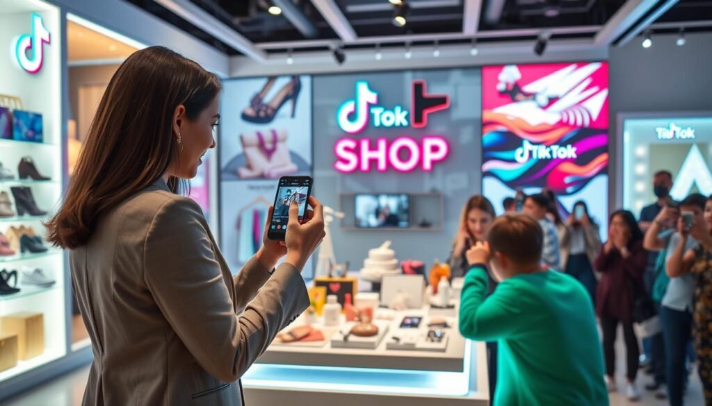 A modern, engaging scene depicting a vibrant TikTok Shop live commerce environment. In the foreground, a confident businesswoman in professional attire interacts with her audience through a smartphone, showcasing products like fashion items and home décor. The middle ground features an aesthetically pleasing display of various products on a sleek table, illuminated by soft LED lights to create an inviting atmosphere. In the background, viewers are watching the live stream on their devices, framed by colorful TikTok branding and dynamic graphics. The overall lighting is bright and cheerful, enhancing the sense of excitement and engagement in the digital shopping experience, evoking a positive and energetic mood. The composition captures the fusion of technology and commerce in the evolving landscape of social media shopping. A modern, engaging scene depicting a vibrant TikTok Shop live commerce environment. In the foreground, a confident businesswoman in professional attire interacts with her audience through a smartphone, showcasing products like fashion items and home décor. The middle ground features an aesthetically pleasing display of various products on a sleek table, illuminated by soft LED lights to create an inviting atmosphere. In the background, viewers are watching the live stream on their devices, framed by colorful TikTok branding and dynamic graphics. The overall lighting is bright and cheerful, enhancing the sense of excitement and engagement in the digital shopping experience, evoking a positive and energetic mood. The composition captures the fusion of technology and commerce in the evolving landscape of social media shopping.