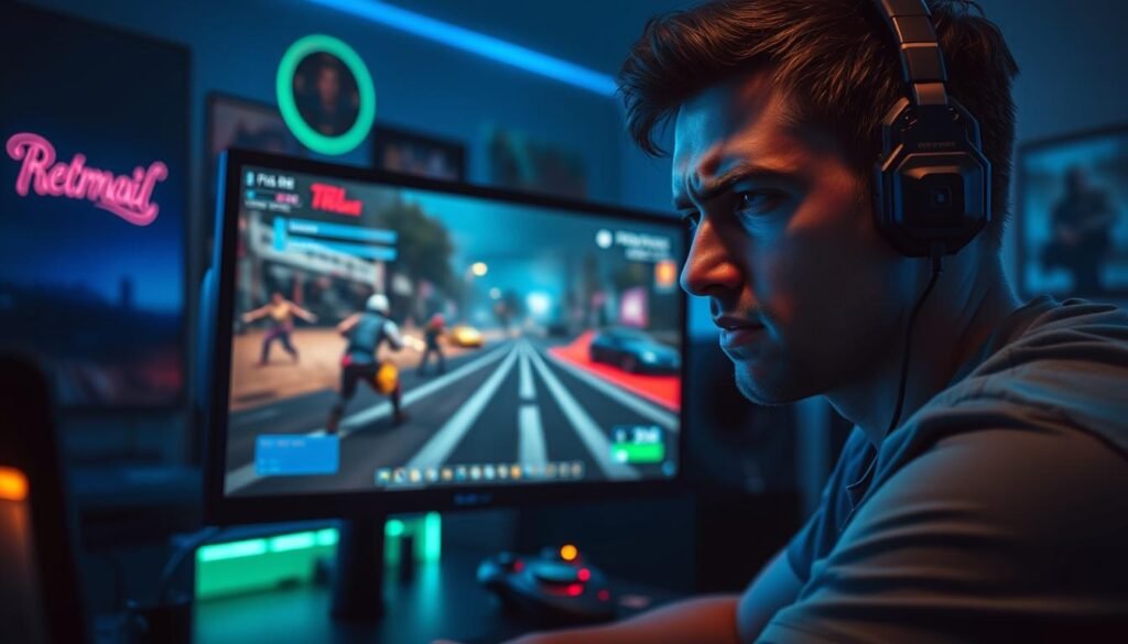 A modern gaming setup showcasing a PC monitor displaying a game with noticeable frame drops, captured from a dynamic angle. In the foreground, a close-up of an intense gamer, focused and slightly distressed, in casual attire, with the blue glow of the monitor illuminating their face. The middle layer features the game screen showing stuttering graphics and low frame rate indicators, with vivid details on characters and environments to suggest action. In the background, a dimly lit room with ambient LED lights, gaming peripherals, and posters, creating an immersive atmosphere. The overall mood is tense and engaging, interpreting the experience of frame drops in gaming without any text or distractions. A modern gaming setup showcasing a PC monitor displaying a game with noticeable frame drops, captured from a dynamic angle. In the foreground, a close-up of an intense gamer, focused and slightly distressed, in casual attire, with the blue glow of the monitor illuminating their face. The middle layer features the game screen showing stuttering graphics and low frame rate indicators, with vivid details on characters and environments to suggest action. In the background, a dimly lit room with ambient LED lights, gaming peripherals, and posters, creating an immersive atmosphere. The overall mood is tense and engaging, interpreting the experience of frame drops in gaming without any text or distractions.
