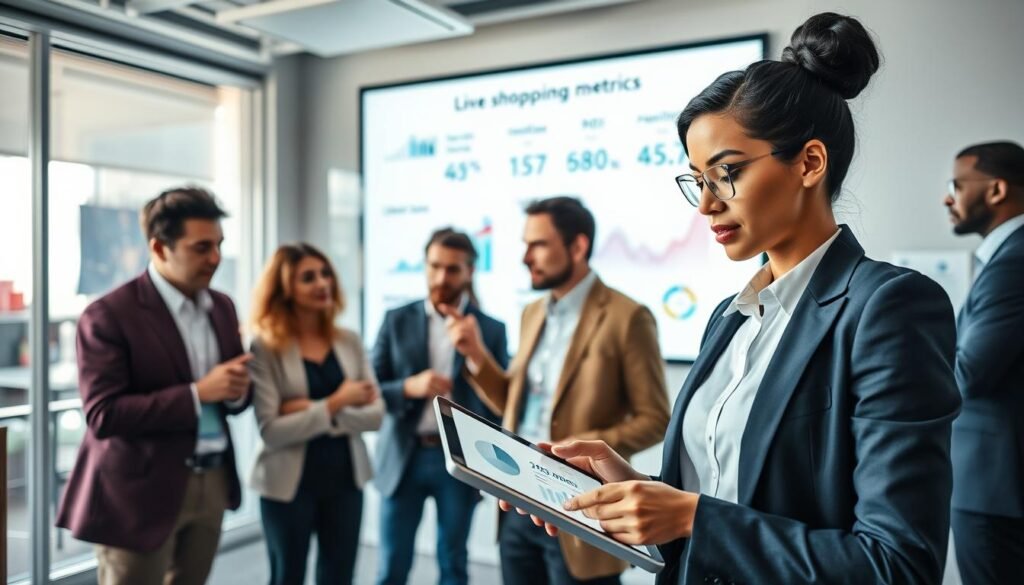 A modern office setting showcasing a diverse group of professionals engaging with a digital display of live shopping metrics. In the foreground, a businesswoman in professional attire analyzes performance data on a tablet, surrounded by visual graphs and ROI figures projected on a screen. The middle ground features colleagues engaged in discussion, exuding collaboration and innovation, with one pointing at the data visuals. The background shows a sleek, contemporary office environment with branding elements related to social commerce and live shopping trends. Soft, natural lighting enhances the clarity of the digital displays, creating an atmosphere of focus and forward-thinking business strategy. The camera angle is slightly elevated, capturing the dynamic interaction and emphasis on the analytical tools.