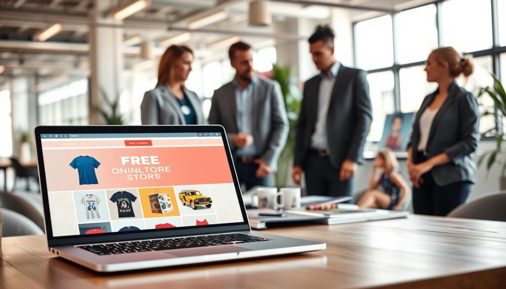 A modern online storefront showcasing a "free online store" concept for print on demand products. In the foreground, a sleek laptop displays an eye-catching website with vibrant product images of custom t-shirts, mugs, and canvas prints. The middle ground features a diverse group of professionals, two men and a woman, dressed in smart casual attire, engaged in discussions around a table filled with printed samples. In the background, a modern office space with large windows and natural light streaming in, creates a lively and inviting atmosphere. Bright, uplifting colors enhance the mood, suggesting innovation and opportunity. The scene is captured with a shallow depth of field, focusing on the laptop while gently blurring the background to emphasize the online store's importance in building a successful business.