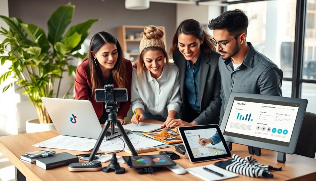 A modern workspace showcasing preparations for a TikTok shop business without ads. In the foreground, a diverse group of three young professionals, two women and one man, dressed in smart casual attire, collaborating over a laptop and a sketchpad filled with content ideas. In the middle, a stylish desk cluttered with TikTok-themed merchandise, a smartphone on a tripod filming, and a digital tablet displaying analytics and creative designs. The background features a bright office space with green plants and a large window letting in warm, natural light, creating an inviting atmosphere. The scene conveys a sense of teamwork, creativity, and enthusiasm, emphasizing the innovative spirit of starting a business on TikTok. Soft focus on the background to highlight the group's interaction.
