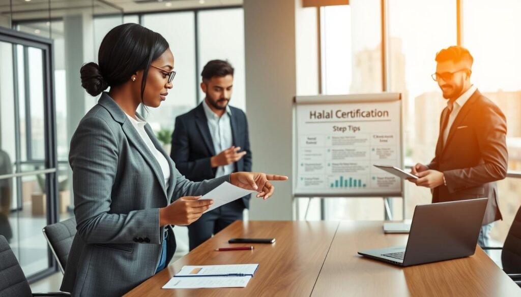A professional business setting, showcasing a diverse group of three individuals engaged in a dynamic brainstorming session around a conference table. In the foreground, an experienced woman in a smart business suit points at a document titled &amp;quot;Halal Certification Tips,&amp;quot; while two men in professional attire (one in a blazer, another in a smart shirt) observe intently, taking notes on their laptops. The middle area features a digital whiteboard filled with charts and bullet points illustrating steps to fast-track halal certification processes. In the background, a bright, well-lit office space with large windows allows natural light to flood in, creating a warm and productive atmosphere. The mood is collaborative, focused, and determined, captured with a slight depth of field to emphasize the main subjects.