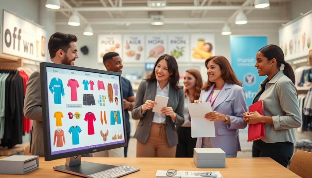 A vibrant and dynamic digital marketplace pod scene, showcasing diverse products for print on demand. In the foreground, display a sleek computer monitor with vibrant designs of custom apparel, stationery, and home decor items. In the middle, depict happy, diverse individuals in professional business attire engaged in discussions, analyzing product options, and showcasing their creations. The background features an open, inviting virtual environment resembling a modern online marketplace, with banners of various print-on-demand products. Soft, ambient lighting highlights the excitement of online entrepreneurship, casting a warm glow on the scene. Use a slight high-angle perspective to capture the collaborative spirit of the marketplace, creating an optimistic and inspiring atmosphere for viewers.