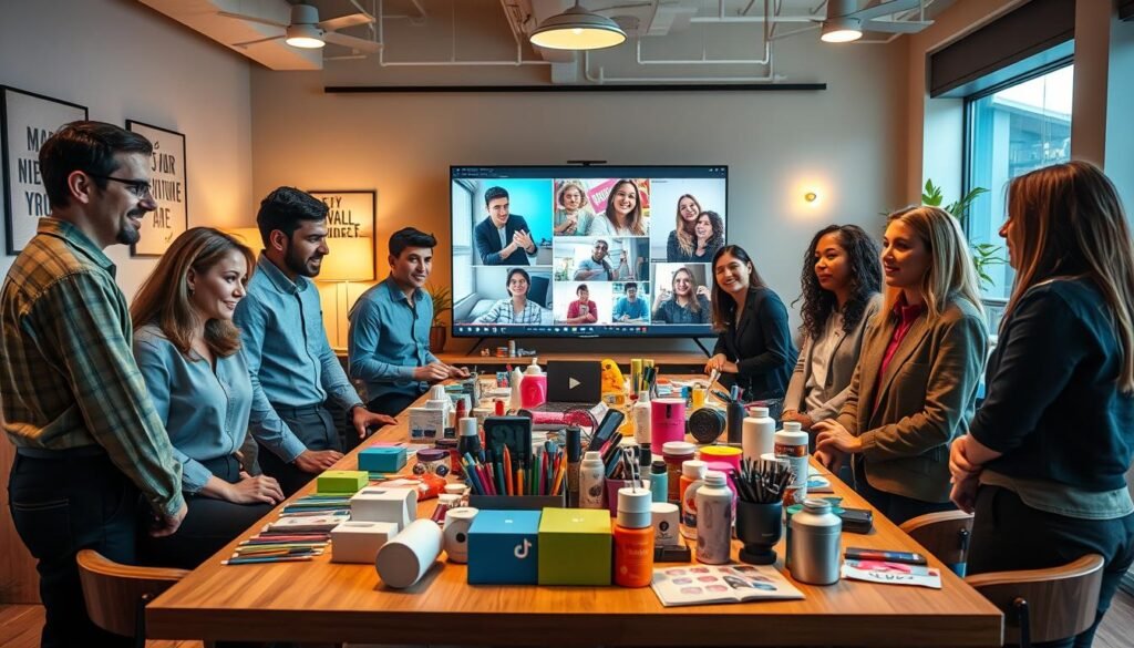 A vibrant and dynamic scene depicting the theme of viral products on TikTok. In the foreground, a diverse group of business professionals in modest casual clothing is gathered around a stylish table scattered with trendy, eye-catching product samples that are popular on TikTok, such as unique gadgets, beauty products, and creative art supplies. The middle layer features a large screen displaying TikTok videos of these products going viral, capturing the excitement of the platform. In the background, an inviting, modern workspace with warm lighting and motivational decor sets an inspiring atmosphere. Use a wide-angle lens to capture the energy of collaboration, with soft, dynamic lighting to enhance the enthusiasm of the scene. The mood is lively, innovative, and engaging, showcasing a successful approach to marketing on TikTok without paid ads.