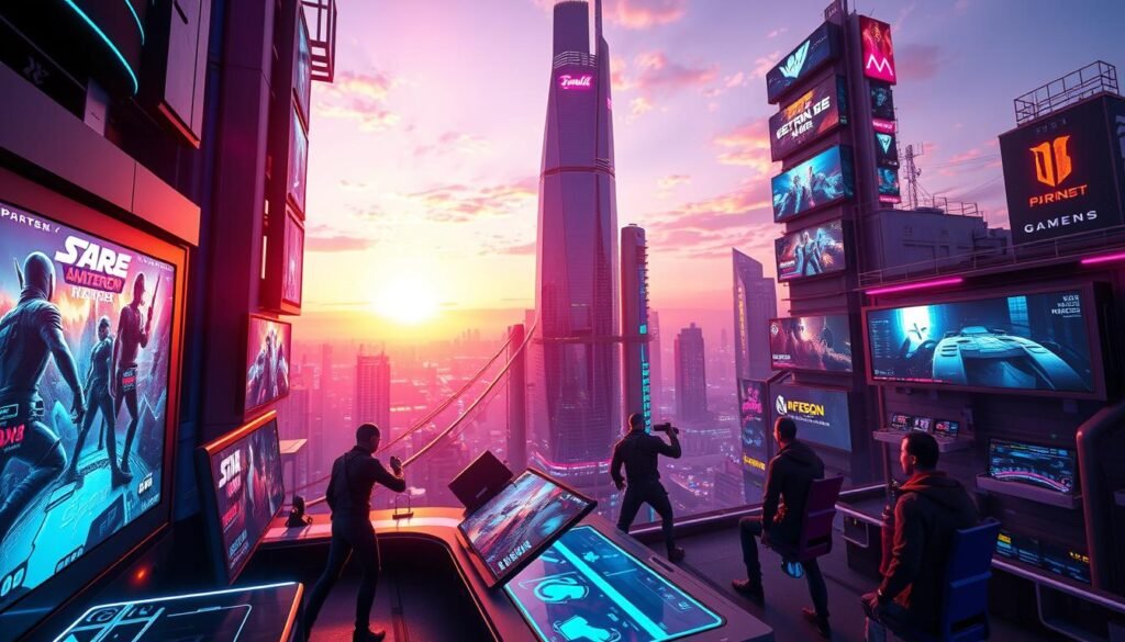 A vibrant futuristic gaming landscape depicting the evolution of visual gaming, showcasing an expansive high-tech city illuminated with neon colors. In the foreground, a sleek gaming setup features advanced holographic displays, with virtual characters engaging in competitive play, dressed in stylish, modern attire. The middle ground reveals towering skyscrapers with dynamic, animated billboards that showcase game trailers and immersive graphics. The background features a stunning sunset view, blending purple and orange hues, casting a warm glow over the scene. The composition uses a wide-angle lens to encapsulate the grandeur of this gaming utopia, with a focus on sharp lighting and enhanced reflections, conveying an atmosphere of excitement and innovation in gaming technology.