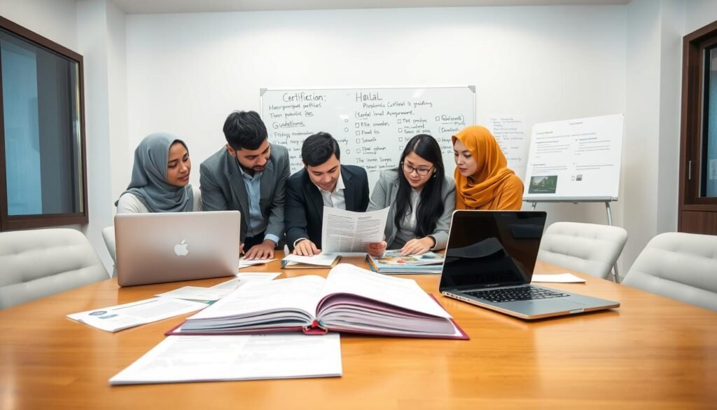 A well-organized office setting showcasing the preparation for Halal certification documents. In the foreground, a diverse group of three professionals in business attire work together at a large wooden conference table, reviewing various documents and brochures. The middle ground features an open binder filled with application forms, alongside a laptop displaying certification guidelines. Behind them, a whiteboard is filled with strategic notes and checklists. Soft overhead lighting creates a bright and focused atmosphere, while a large window in the background lets in natural light, enhancing the sense of urgency and professionalism. The overall mood conveys diligence, teamwork, and commitment to quality and compliance in the certification process.