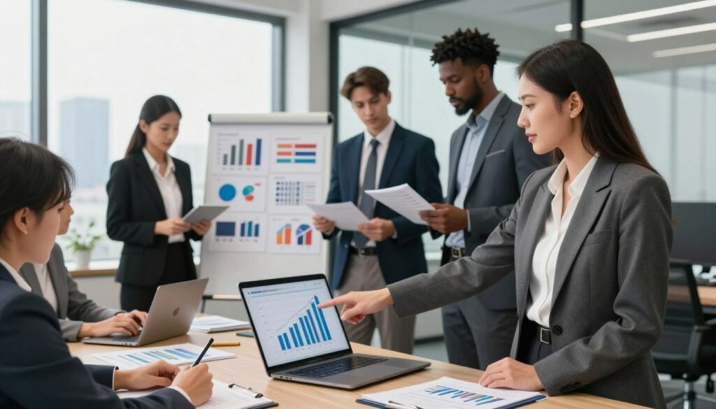 A dynamic business meeting scene illustrating sales strategies, featuring diverse professionals engaged in discussions. In the foreground, a confident woman in a tailored suit points to a graph on a laptop, showcasing upsell and cross-sell opportunities. In the middle, a diverse group of well-dressed individuals examines marketing materials and product displays, reflecting collaboration and innovation. The background features a modern office setting with glass walls, bright natural lighting, and a city skyline view, creating an atmosphere of professionalism and success. The scene captures motivation and teamwork, emphasizing the importance of strategic sales application in various businesses. A dynamic business meeting scene illustrating sales strategies, featuring diverse professionals engaged in discussions. In the foreground, a confident woman in a tailored suit points to a graph on a laptop, showcasing upsell and cross-sell opportunities. In the middle, a diverse group of well-dressed individuals examines marketing materials and product displays, reflecting collaboration and innovation. The background features a modern office setting with glass walls, bright natural lighting, and a city skyline view, creating an atmosphere of professionalism and success. The scene captures motivation and teamwork, emphasizing the importance of strategic sales application in various businesses.