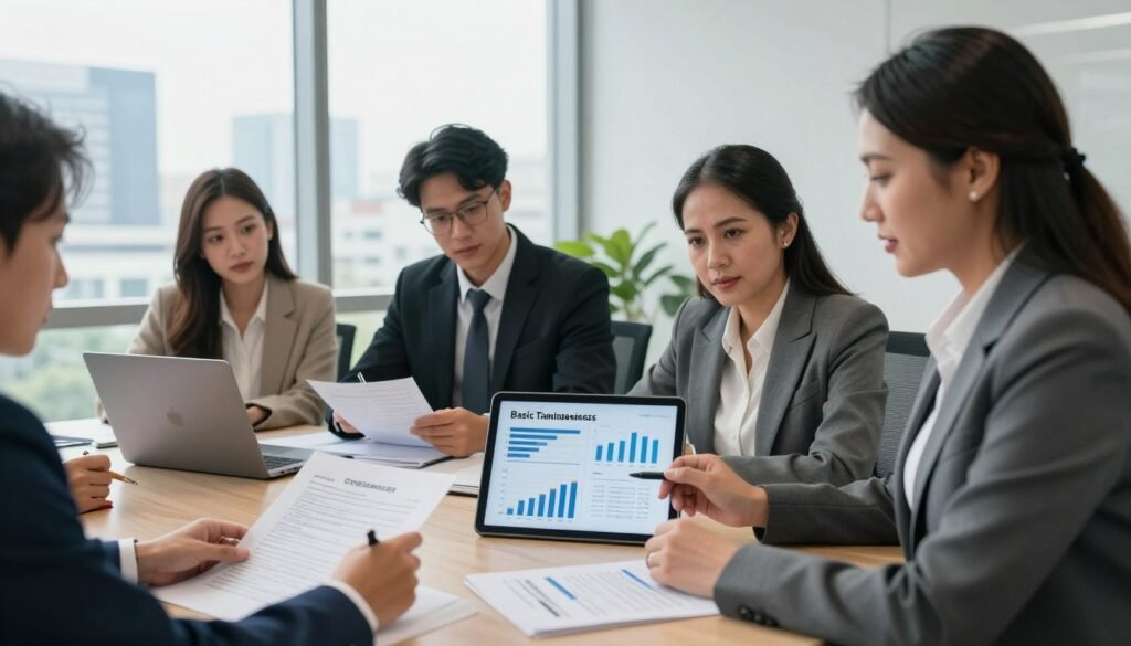 A professional business setting depicting a diverse group of individuals engaged in a discussion about basic taxation principles for businesses in Indonesia. The foreground features a middle-aged Asian woman presenting financial charts on a digital tablet, dressed in a smart business suit. In the middle, a young man in professional attire is taking notes, and a woman with a laptop is analyzing tax documents. The background shows a modern office with large windows letting in soft, natural light, and an urban skyline visible outside. The atmosphere is collaborative and focused, emphasizing the importance of understanding business taxation. Use a wide-angle lens to capture the entire scene.