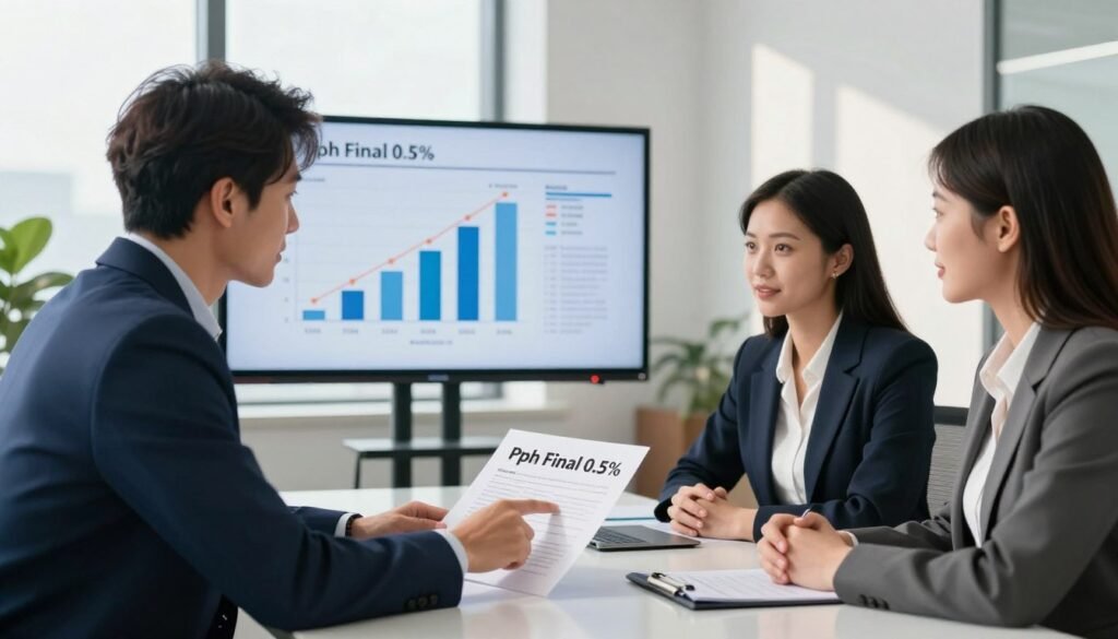 A professional office environment featuring a diverse group of three business people engaged in a discussion about tax incentives. In the foreground, a man in a navy suit points at a document labeled "PPh Final 0.5%" on a sleek conference table while two women, one in a smart blazer and the other in a business dress, actively listen. In the middle, an abstract chart showcasing tax rates and benefits is displayed on a digital screen behind them. The background features a large window with natural light streaming in, casting soft shadows, enhancing the atmosphere of collaboration and professionalism. The overall mood is focused and optimistic, emphasizing the importance of understanding tax regulations in business growth.